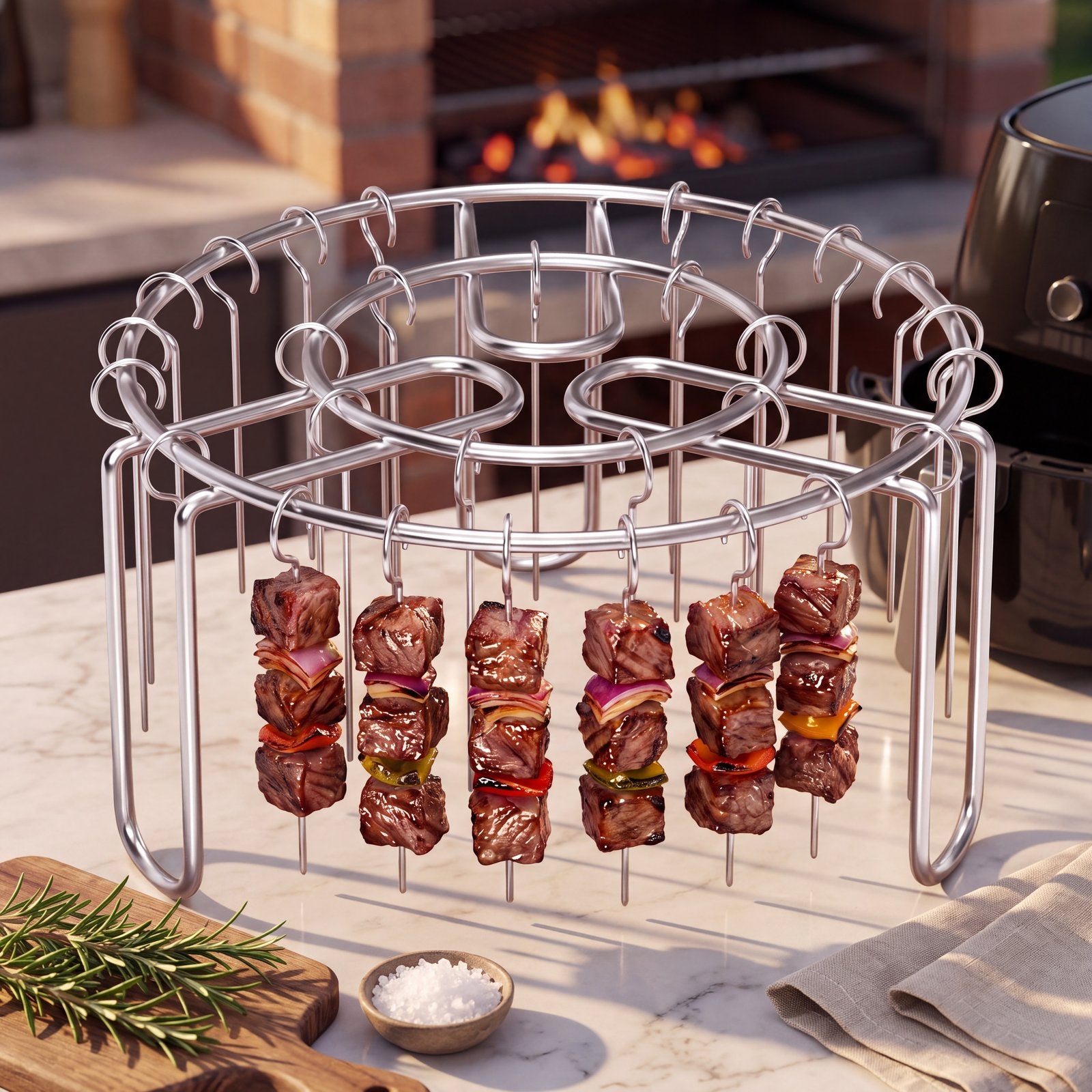 Grade de inox com espetinhos assados dentro da air fryer